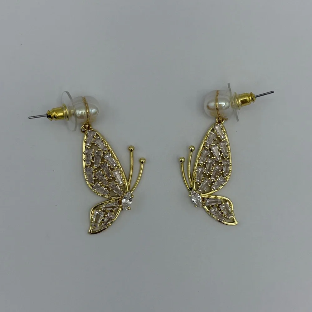 Eye Candy Gold Butterfly Earrings with CZ Stones and Pearlesque Hearts New
